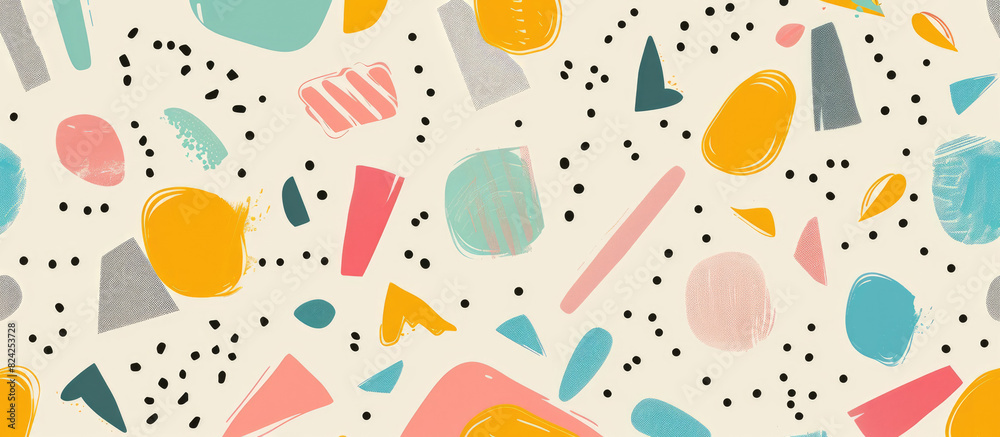 Abstract background with colorful pastel shapes and patterns, hand drawn doodles and elements, stripes and dots, white background Abstract background with colorful pastel shapes and patterns, hand drawn doodles and elements, stripes and dots, white background