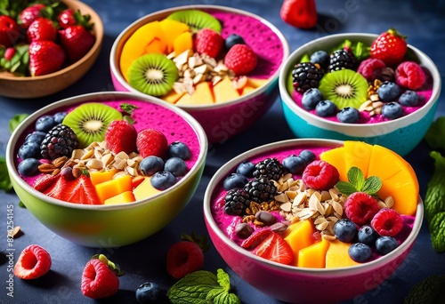 vibrant colorful smoothie bowls close ups polarizing filter reduced glare enhanced color saturation, healthy, fruit, delicious, fresh, nutrition, organic, natural, photo