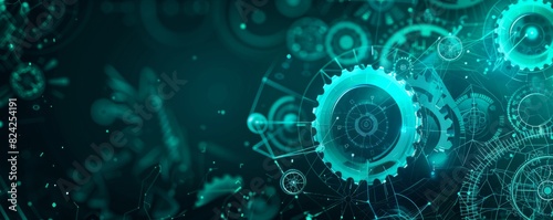 Abstract futuristic digital technology background with gears and cogs in the style of teal color, on black.
