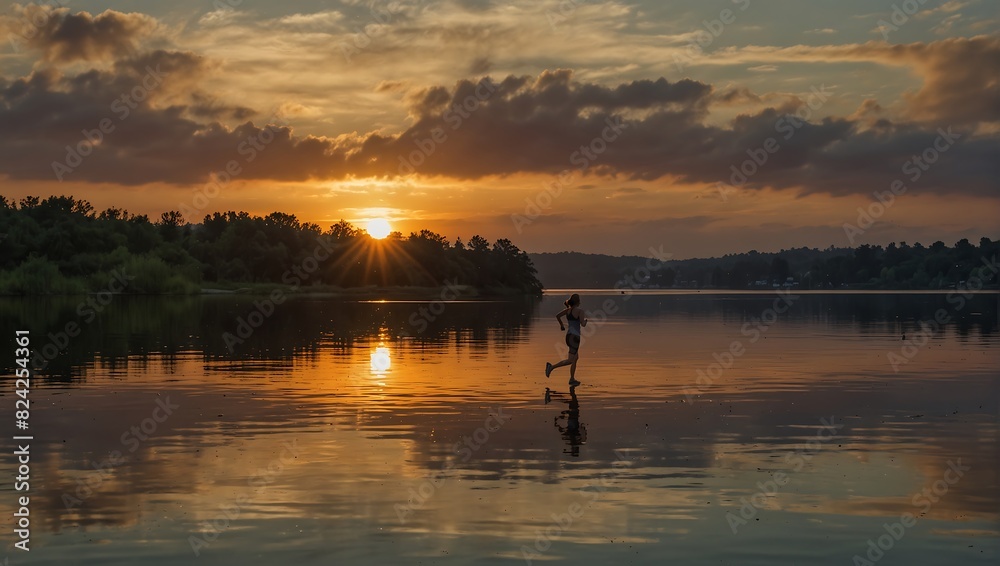 Obraz premium person is running through shallow water at sunset.