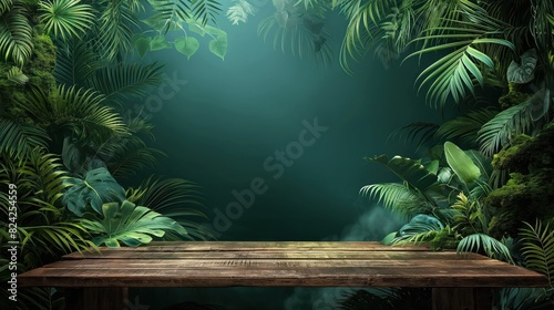 Tropical Wooden Table in Lush Greenery