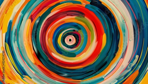 Abstract painting of colorful concentric rings in the style of wood art.