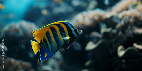 the angelfish swimming underwater, clear ocean water seabed, copy space for text