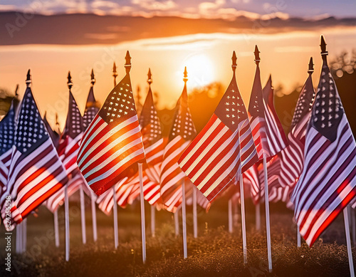 Many U.S. Flags clustered together waving in the wind, during sunset.