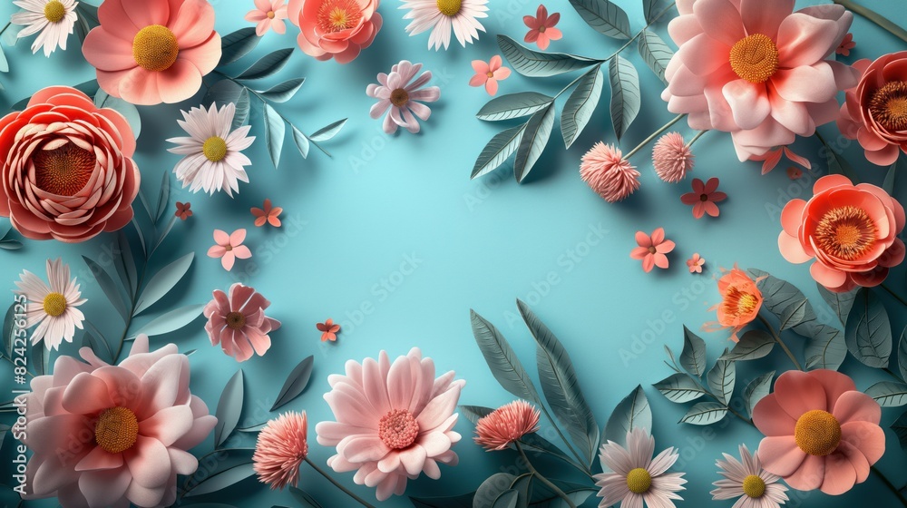 Colorful Paper Flowers on Blue Background