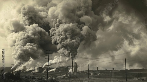A menacing sight of a power plant releasing thick columns of smoke. photo