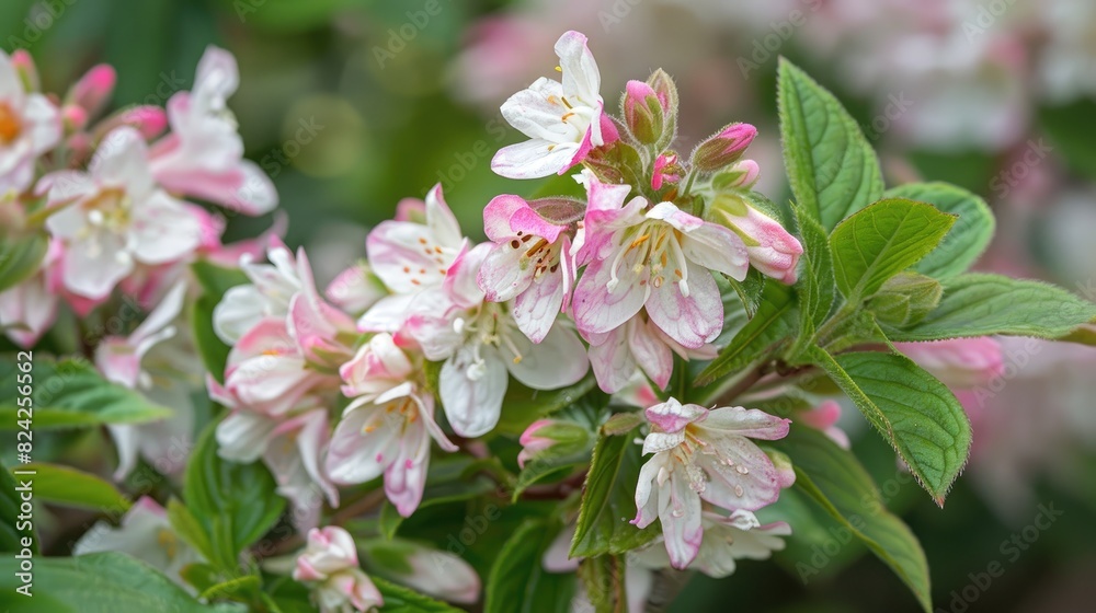 Weigela displays white and pink blossoms in the garden Weigela displays white and pink blossoms in the garden