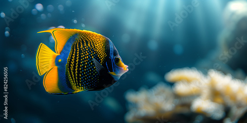 the angelfish swimming underwater, clear ocean water seabed, copy space for text