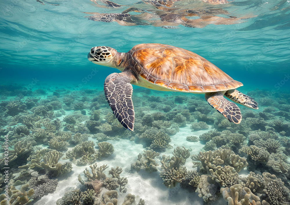 Obraz premium A green sea turtle swims through the crystal-clear lagoon at Lady Elliot Island on the Great Barrier Reef in Queensland, Australia.