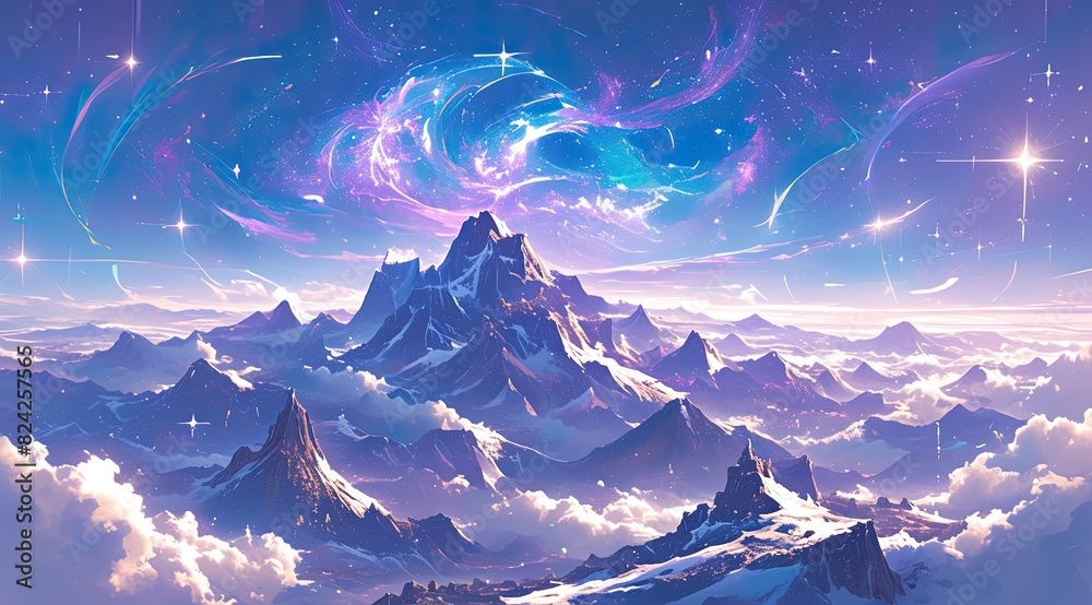 purple fantasy landscape, space nebula, stars, rocks and mountains, clouds, fantasy illustration