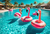 turquoise water floating flamingo pool floaties under bright sunlight circular polarizer, outdoors, vibrant, colorful, summertime, relaxation, vacation