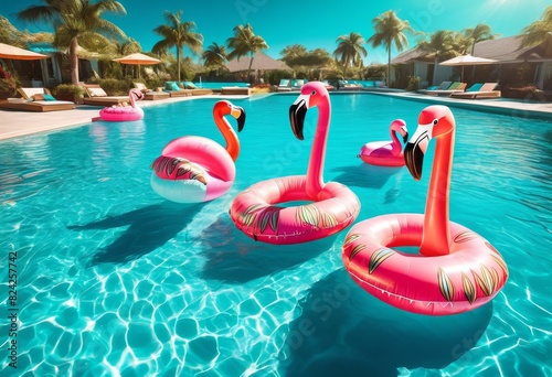 turquoise water floating flamingo pool floaties under bright sunlight circular polarizer, outdoors, vibrant, colorful, summertime, relaxation, vacation photo