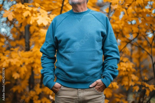 mature man wearing blue crewneck sweatshirt autumn fashion mockup fall colors background