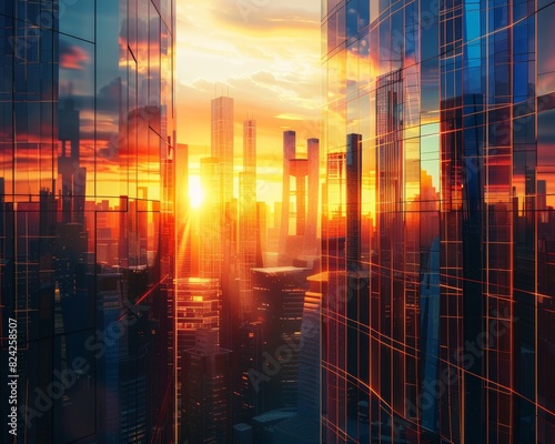 Stunning sunset reflected on modern skyscraper glass in a bustling city skyline  showcasing urban beauty and architectural elegance.