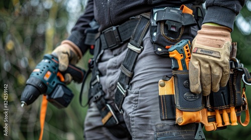A utility belt with a detachable holster for a power drill perfectly suited for a construction site.
