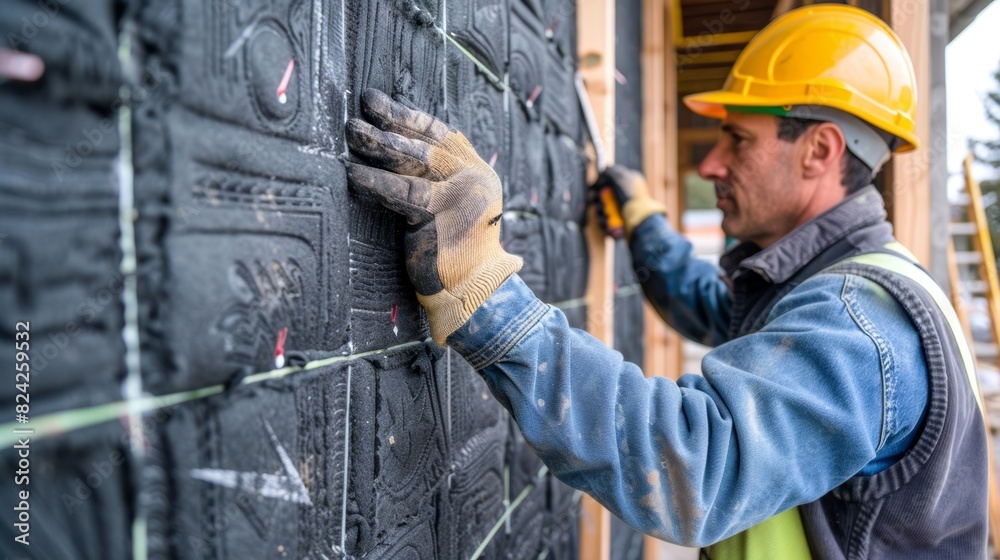 A team of workers carefully insulating the walls of a new construction with recycled denim insulation providing both thermal and acoustic benefits. A team of workers carefully insulating the walls of a new construction with recycled denim insulation providing both thermal and acoustic benefits.
