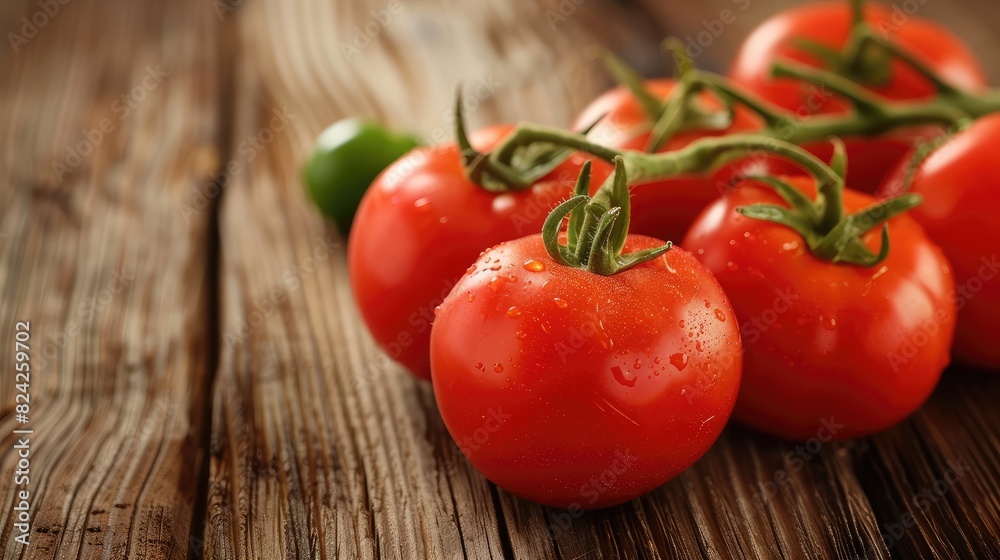 Tomatoes displayed on a wooden table surface Tomatoes displayed on a wooden table surface