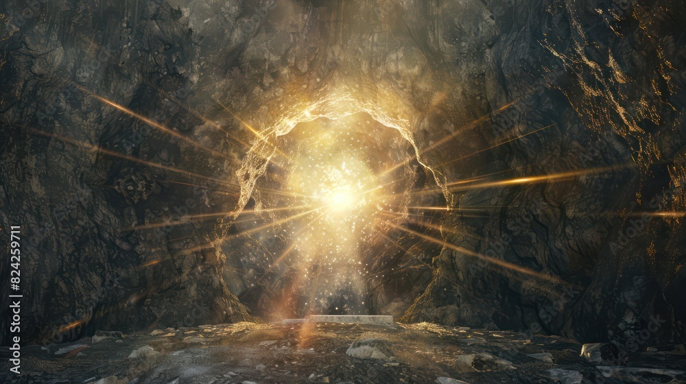 An abstract depiction of the resurrection with rays of light bursting forth from an empty tomb, symbolizing new life and hope in Jesus Christ. 
