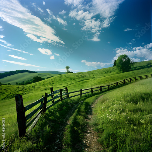 Idyllic Countryside Landscape with Rolling Green Hills and Meandering Dirt Path Under Blue Sky