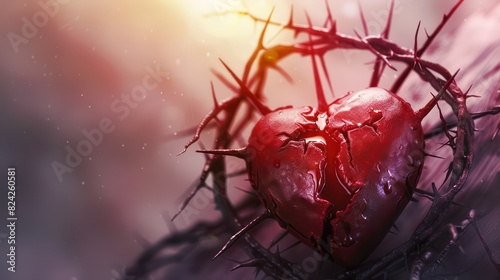 A conceptual illustration of a heart pierced by a crown of thorns, symbolizing Jesus Christ's sacrifice for humanity's salvation.
