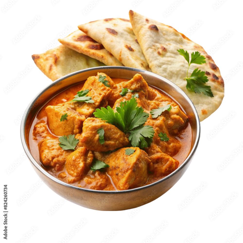 A bowl of spicy chicken curry with naan bread isolated on Transparent background.