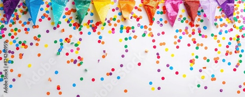 Colorful party flags and confetti on a white background. Perfect for a festive occasion!, Rainbow  photo