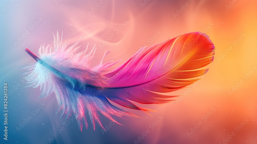 Obraz premium A colorful bird feather gracefully floats through the air a soft gradient background. Aesthetic design. Generative AI