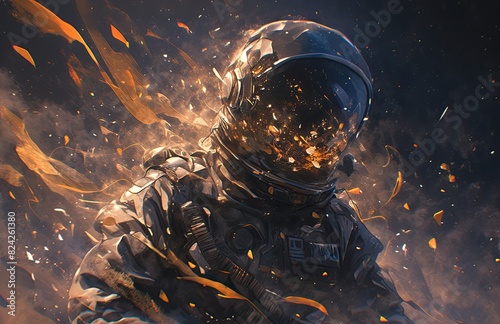 A burning astronaut, a dark background, smoke and sparks flying from the body of an apollo era space suit, high resolution, highly detailed, cinematic photography