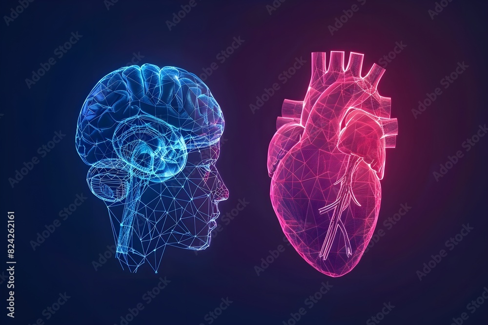 Human brain and a human heart, both depicted in a hologram wireframe style. Human brain and a human heart, both depicted in a hologram wireframe style.