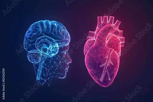 Human brain and a human heart, both depicted in a hologram wireframe style.