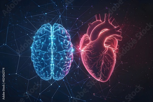 Human brain and a human heart, both depicted in a hologram wireframe style.