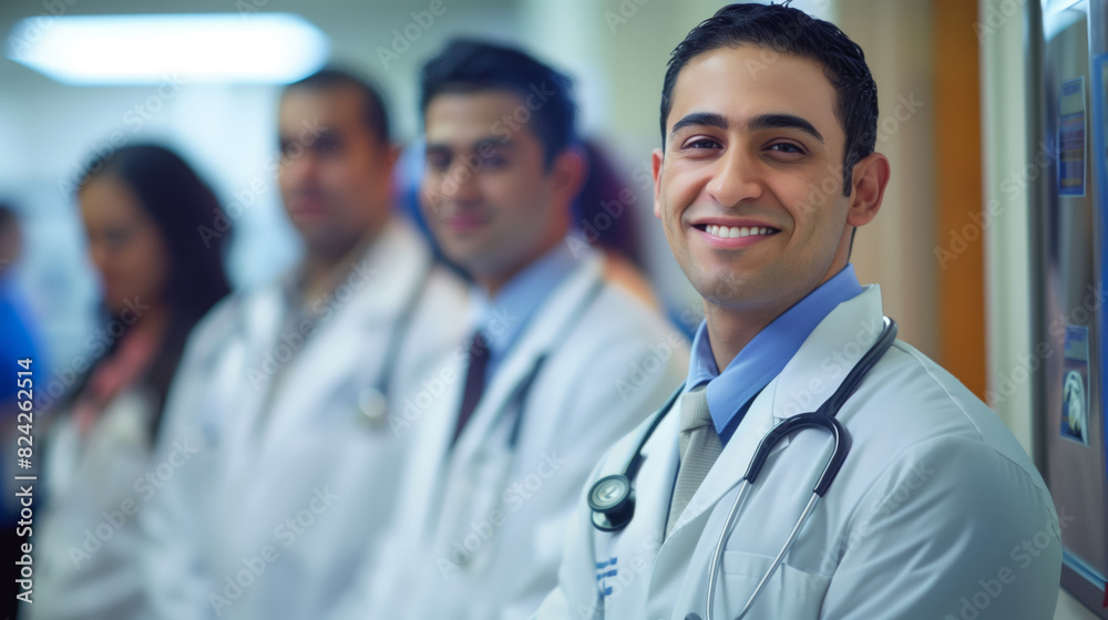 A group of interns is standing in the corridor of the clinic. Young doctors in white coats and with stethoscopes are smiling for a photo A group of interns is standing in the corridor of the clinic. Young doctors in white coats and with stethoscopes are smiling for a photo