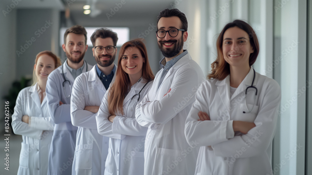 There is a professional team of doctors in the hospital corridor, all in white coats, with stethoscopes and smiling. They pose for a photo together. There is a professional team of doctors in the hospital corridor, all in white coats, with stethoscopes and smiling. They pose for a photo together.