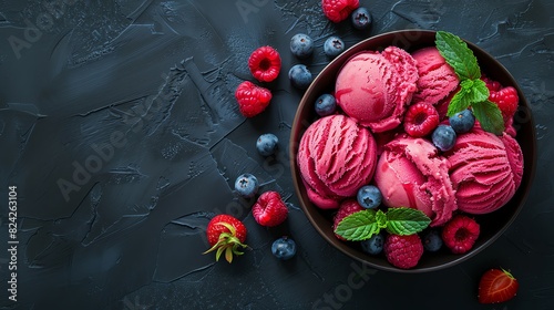 Dark pink ice cream with berries and mint leaves in bowl on dark background, top view. 