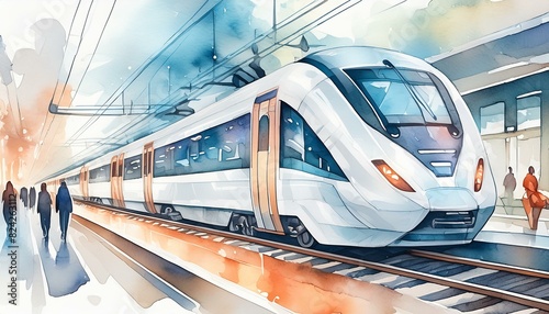 Watercolor sketch or illustration of modern passenger train. Transportation of people or passengers by train photo