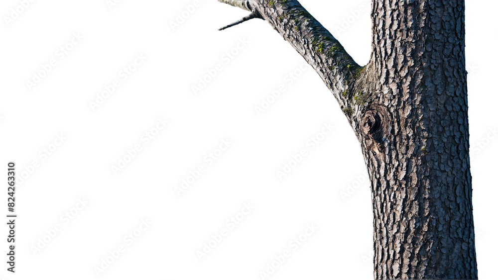 Fototapeta premium A tree trunk with moss growing on it isolated on transparent background