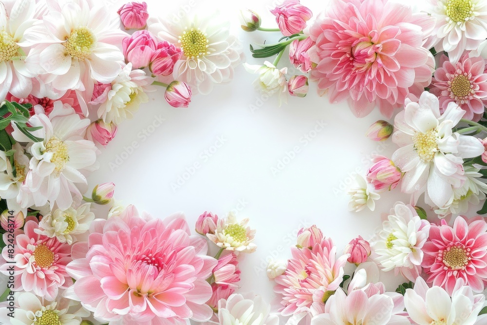 Elegant Circle of Pink and White Dahlia Flowers on White Background for Beauty and Fashion Design Elegant Circle of Pink and White Dahlia Flowers on White Background for Beauty and Fashion Design