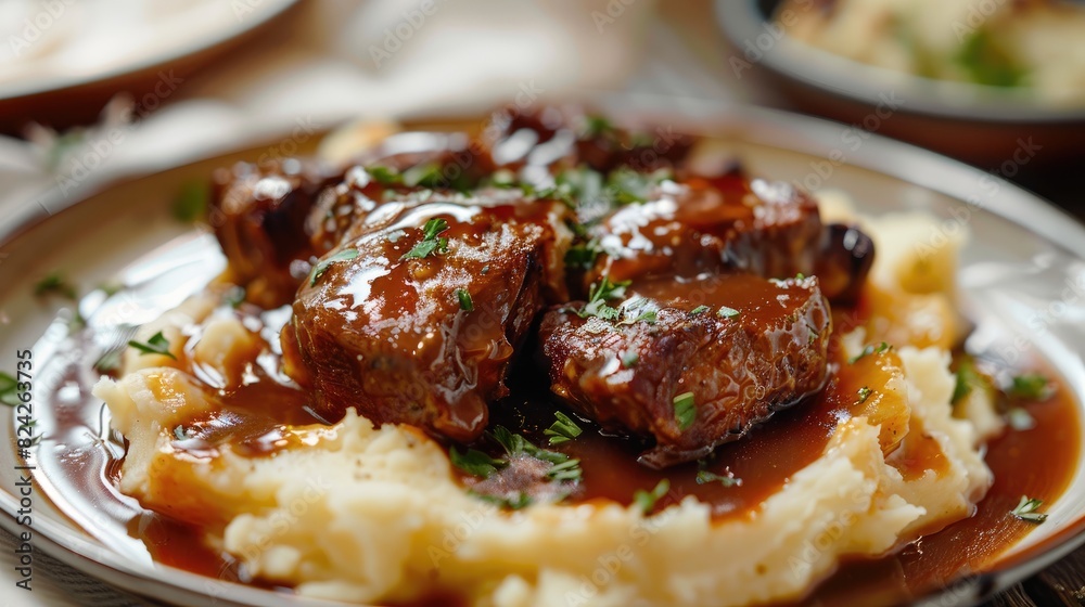 Savory pork meat served with mashed potatoes in a flavorful sauce