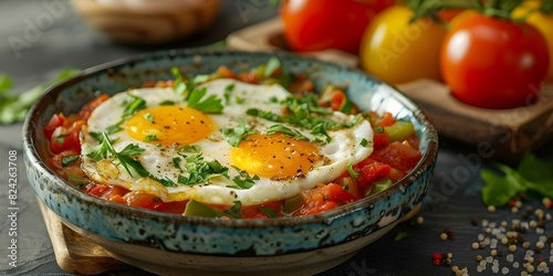 Traditional Tunisian Breakfast Dish: Shakshuka Made with Eggs, Peppers, and Tomatoes. Concept Tunisian Cuisine, Breakfast Recipe, Mediterranean Cooking, Eggs and Vegetables, Shakshuka Dish