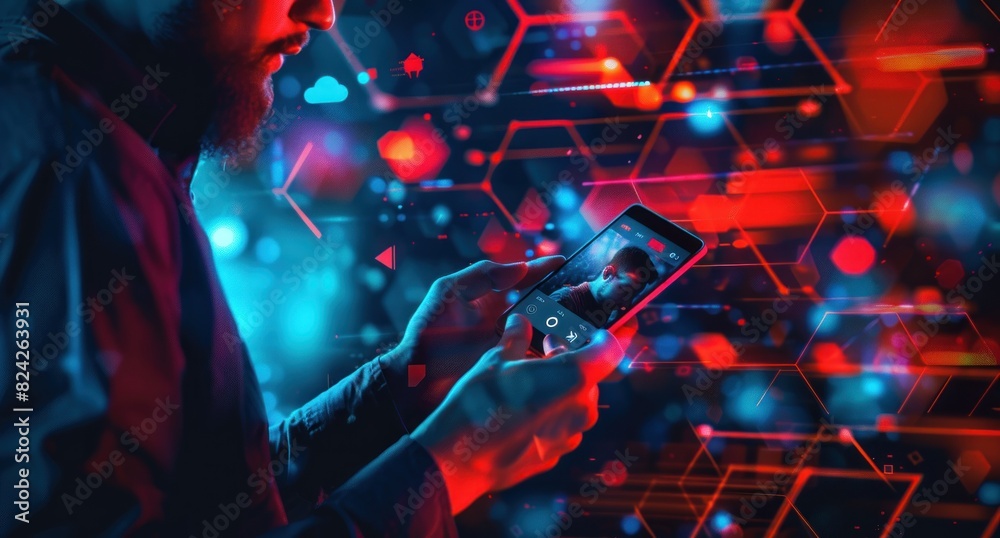 Man interacting with a video player interface and assorted digital icons, embodying multimedia engagement. Man interacting with a video player interface and assorted digital icons, embodying multimedia engagement.