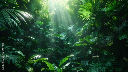 Background Tropical. Sunlight filters through the dense foliage above  casting a golden glow on the forest floor and illuminating patches of vibrant green moss and delicate ferns.
