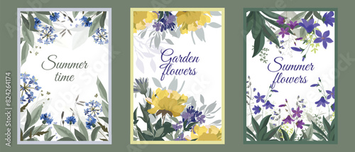 Vector floral summer cards with blue and yellow flowers.