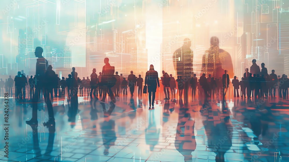 Business people team walking in the city with double exposure of skyscrapers, abstract futuristic background for business concept design. Distant view of a crowd of office workers standing on the stre