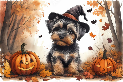 Charmingly spooky, a Yorkshire Terrier puppy embraces Halloween in an adorable illustration, exuding playful spirit.