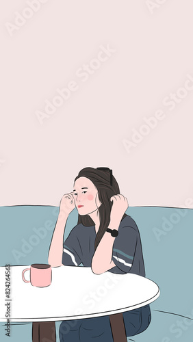 Wallpaper of cute girl sitting enjoying coffee