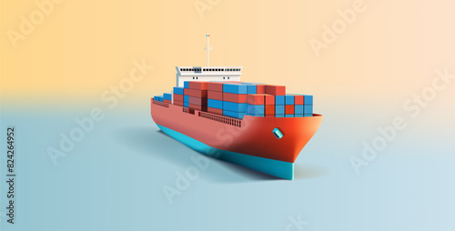 Cargo ship with containers, 3D. Realistic image of a merchant ship in the sea, ocean. For concepts of international trade, sending parcels, goods. Vector