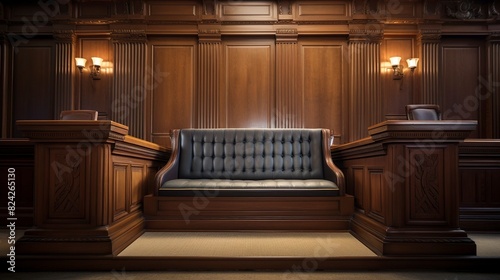 A photo of a courtroom judge's bench.