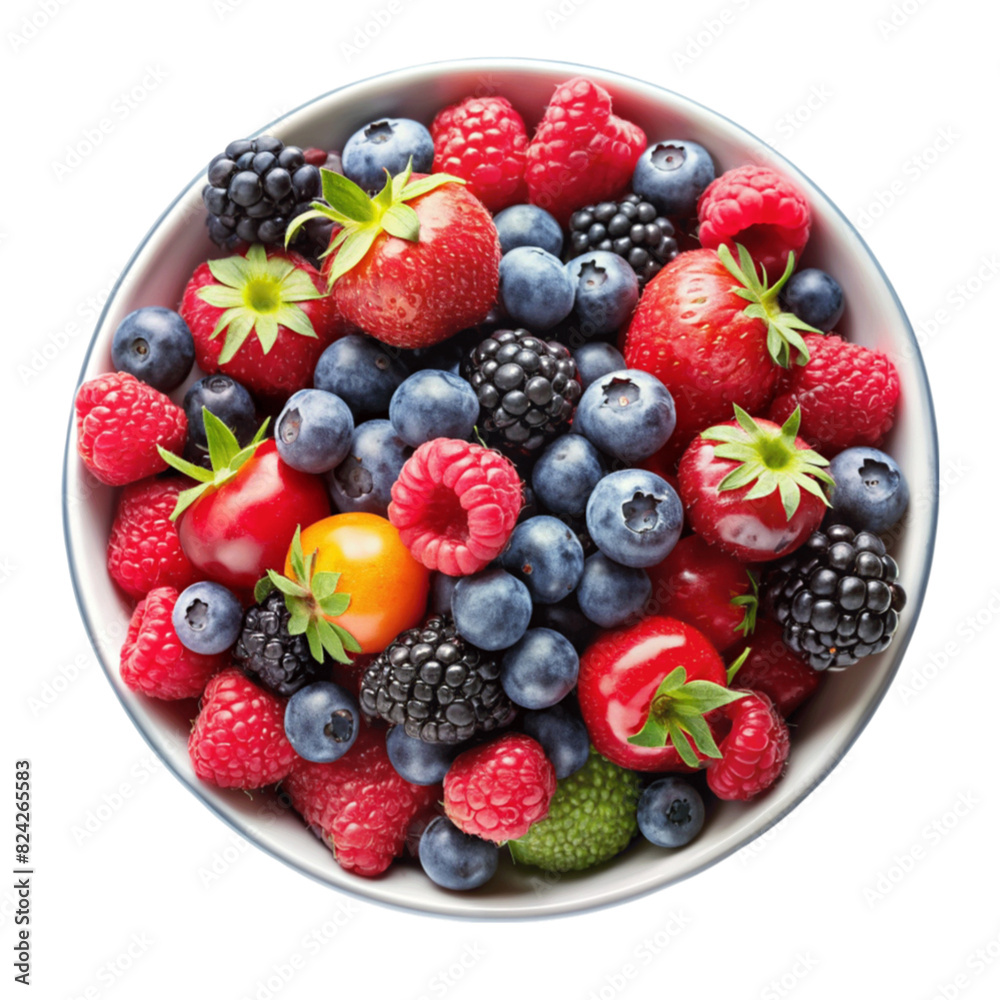 Obraz premium A bowl of vibrant mixed berries isolated on Transparent background.