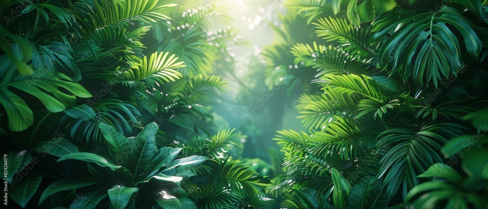 Background Tropical. Each leaf glistens with dew, reflecting the first light of dawn like tiny jewels adorning the verdant tapestry of the forest, a testament to nature's intricate beauty.