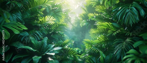 Background Tropical. Each leaf glistens with dew  reflecting the first light of dawn like tiny jewels adorning the verdant tapestry of the forest  a testament to nature s intricate beauty.